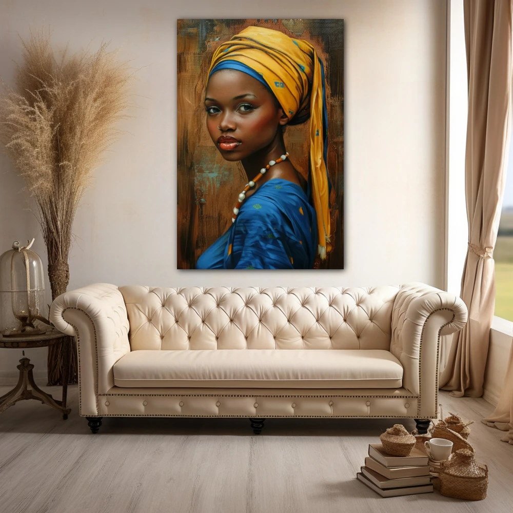 Wall Art titled: Enchanted Essence in a Vertical format with: Yellow, and Blue Colors; Decoration the Above Couch wall