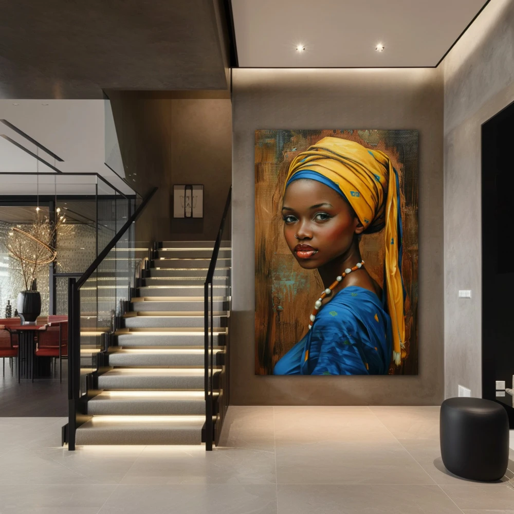 Wall Art titled: Enchanted Essence in a Vertical format with: Yellow, and Blue Colors; Decoration the Staircase wall