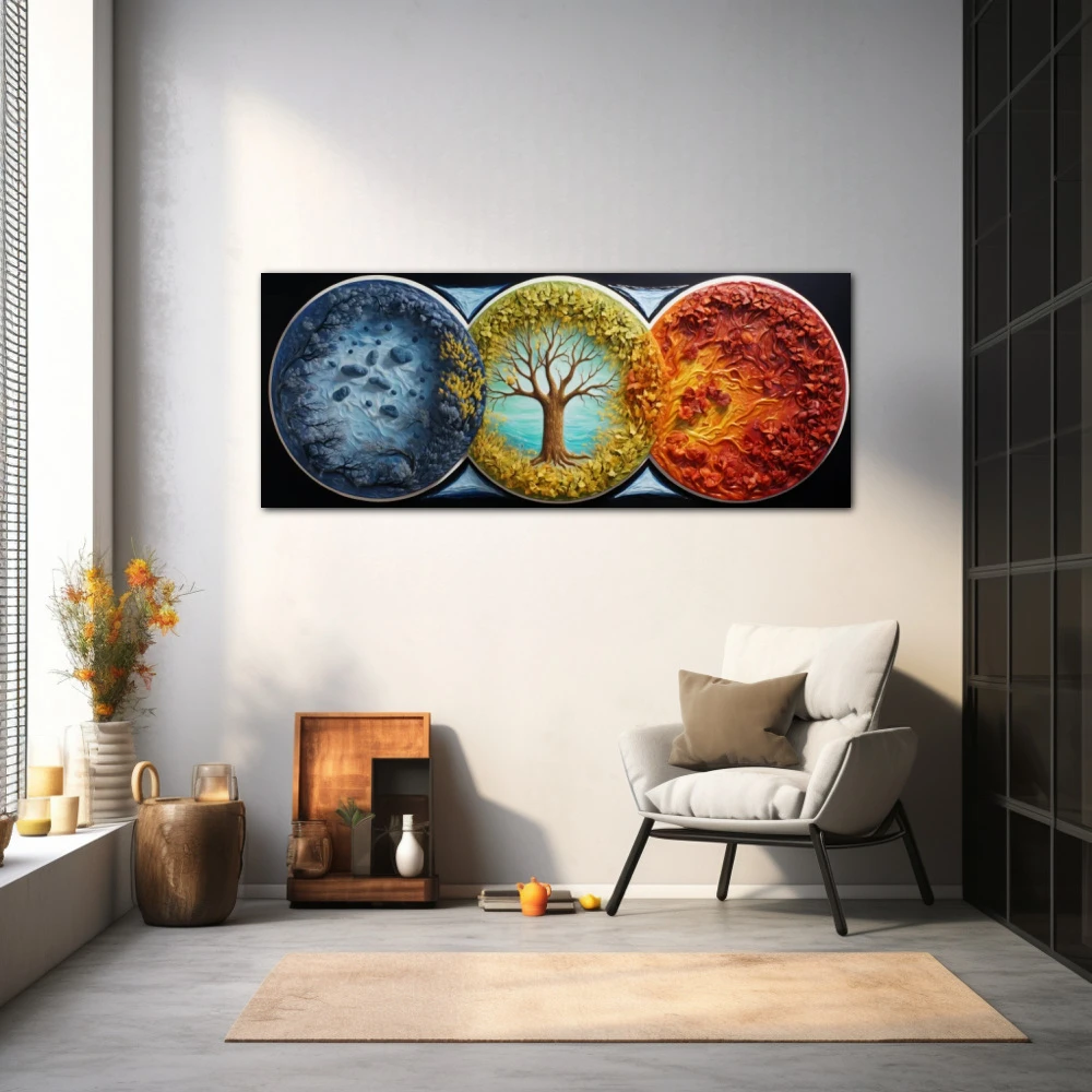 Cuadro las estaciones vibrantes en formato apaisado con colores amarillo, azul, naranja; decorando pared gris