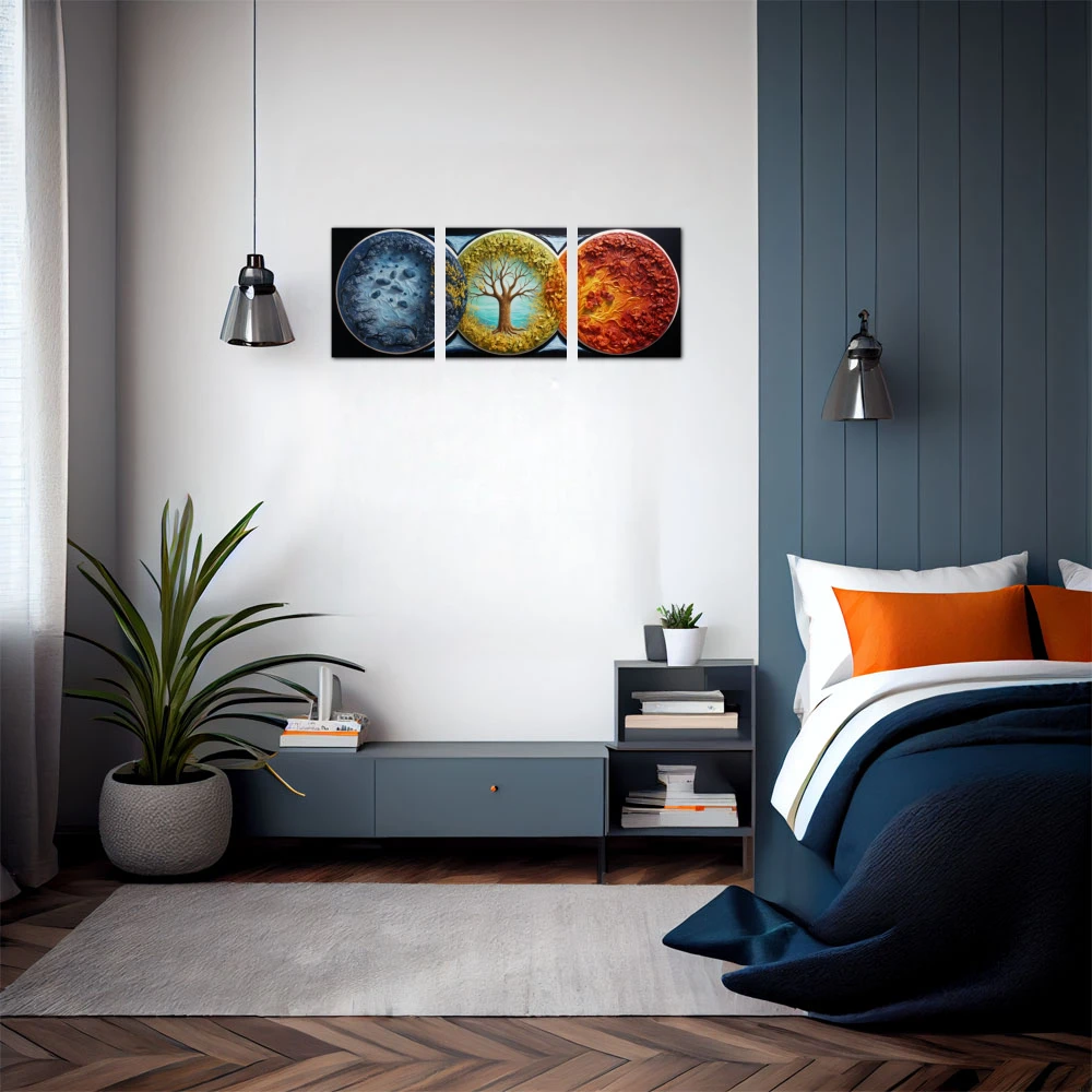 Cuadro las estaciones vibrantes en formato políptico con colores amarillo, azul, naranja; decorando pared de habitación dormitorio