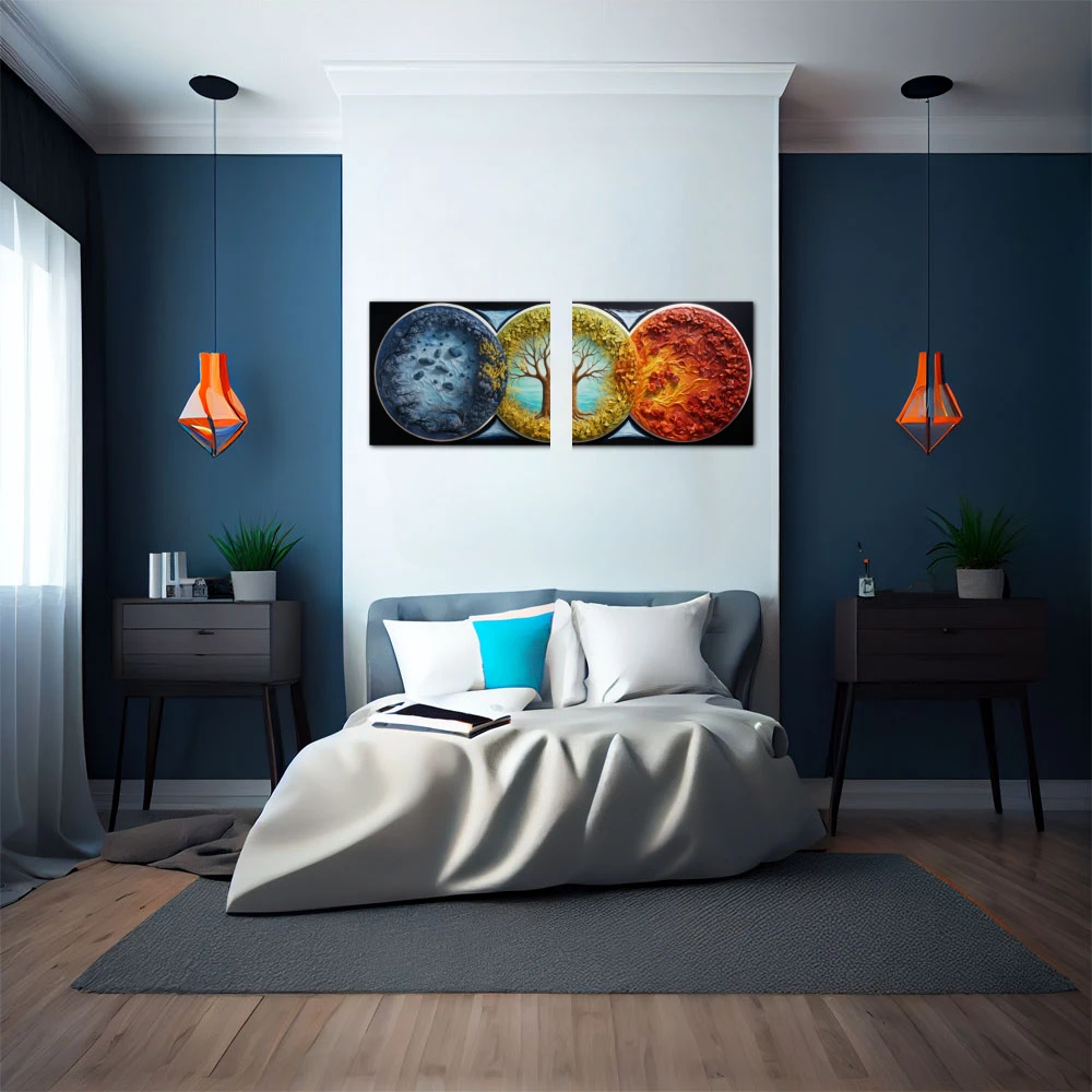 Cuadro las estaciones vibrantes en formato políptico con colores amarillo, azul, naranja; decorando pared de habitación dormitorio