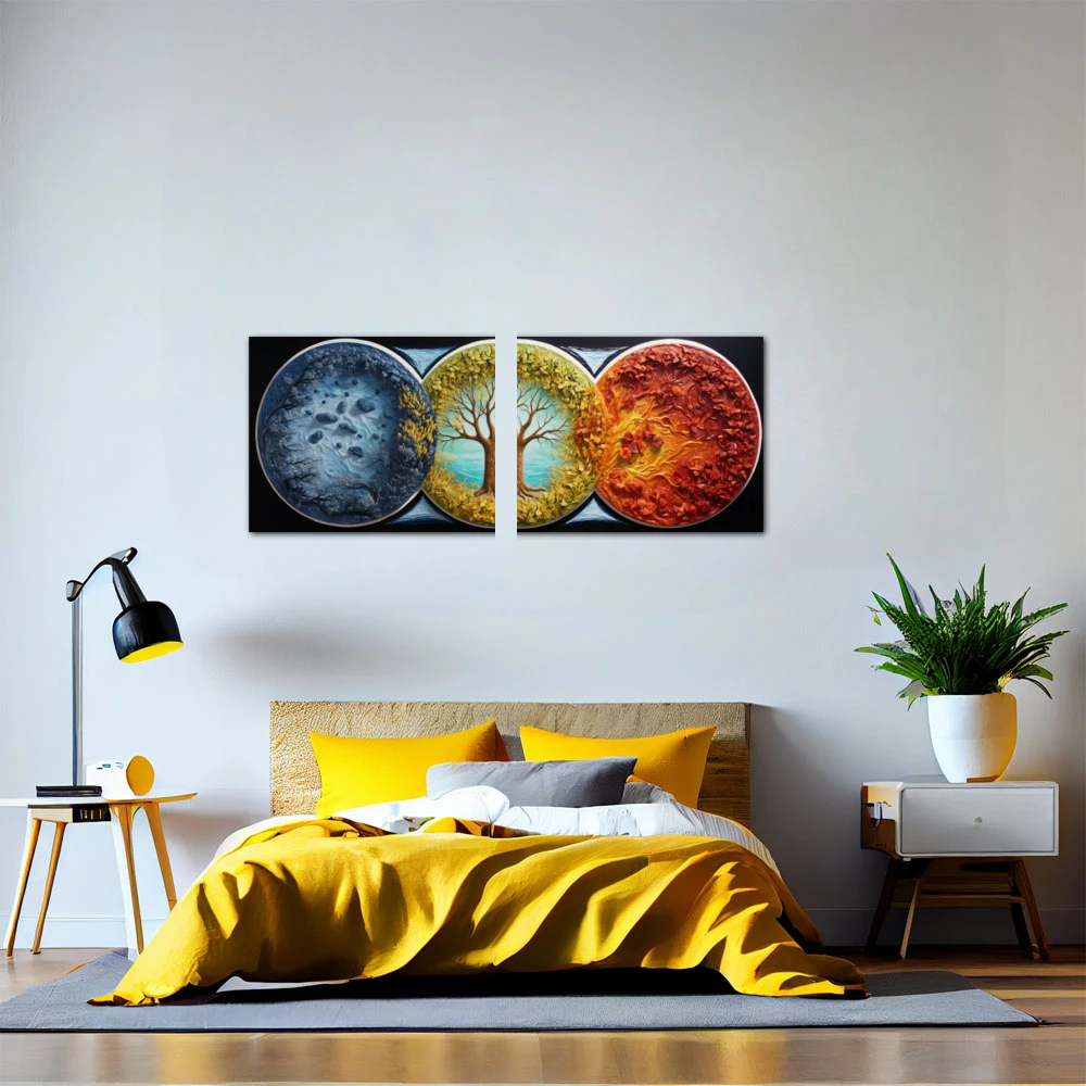 Cuadro las estaciones vibrantes en formato políptico con colores amarillo, azul, naranja; decorando pared de habitación dormitorio