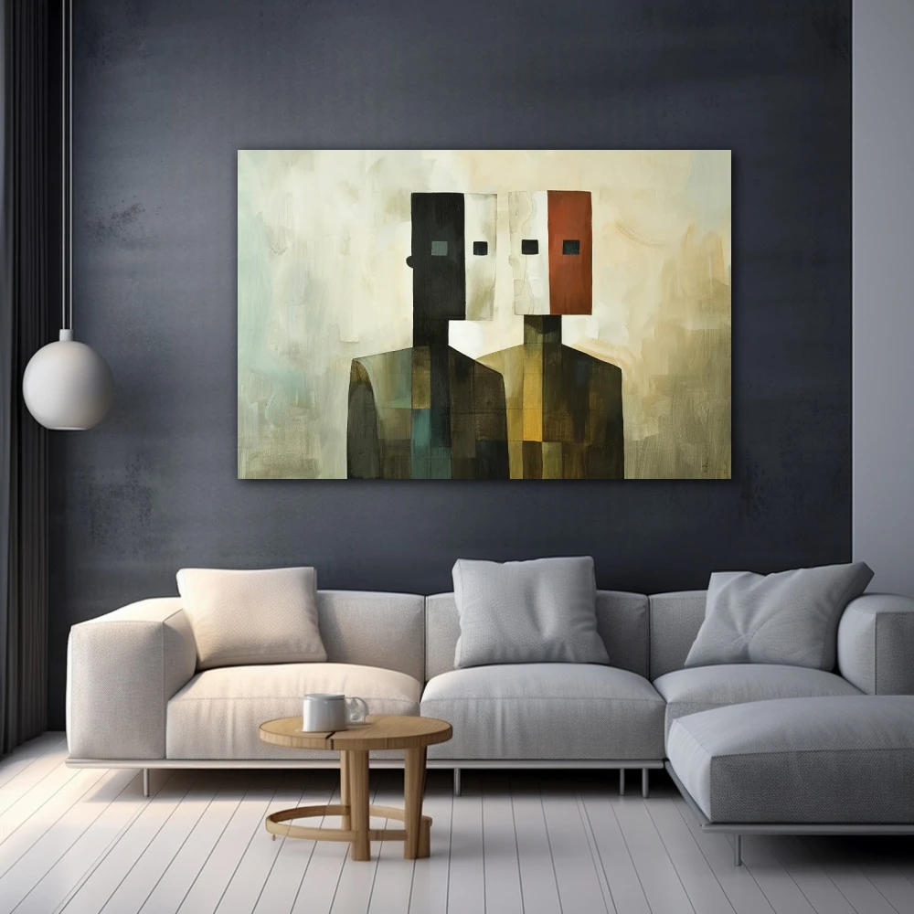 Cuadro espectros de identidad en formato horizontal con colores gris, verde; decorando pared gris