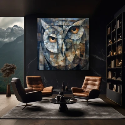 Wall Art titled: Guardian of Geometry in a Square format with: Golden, and Grey Colors; Decoration the Black Walls wall