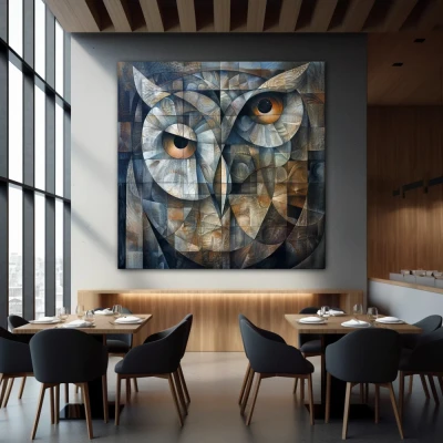 Wall Art titled: Guardian of Geometry in a Square format with: Golden, and Grey Colors; Decoration the Restaurant wall