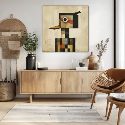 Wall Art titled: The Square Guardian in a Square format with: Grey, Black, and Beige Colors; Decoration the Sideboard wall