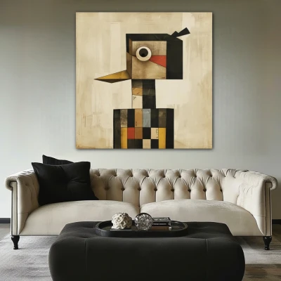 Wall Art titled: The Square Guardian in a Square format with: Grey, Black, and Beige Colors; Decoration the Above Couch wall