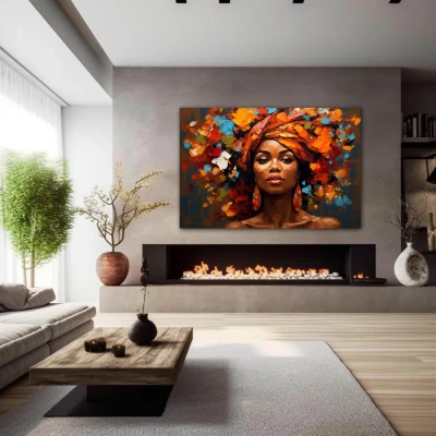 Cuadro mujer de mil colores en formato horizontal con colores azul, marrón, naranja; decorando pared de chimenea