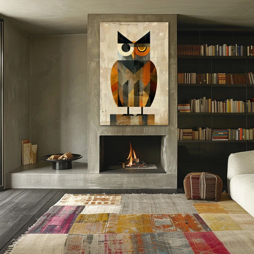 Wall Art titled: The Ebony Observer in a Vertical format with: Grey, and Orange Colors; Decoration the Fireplace wall