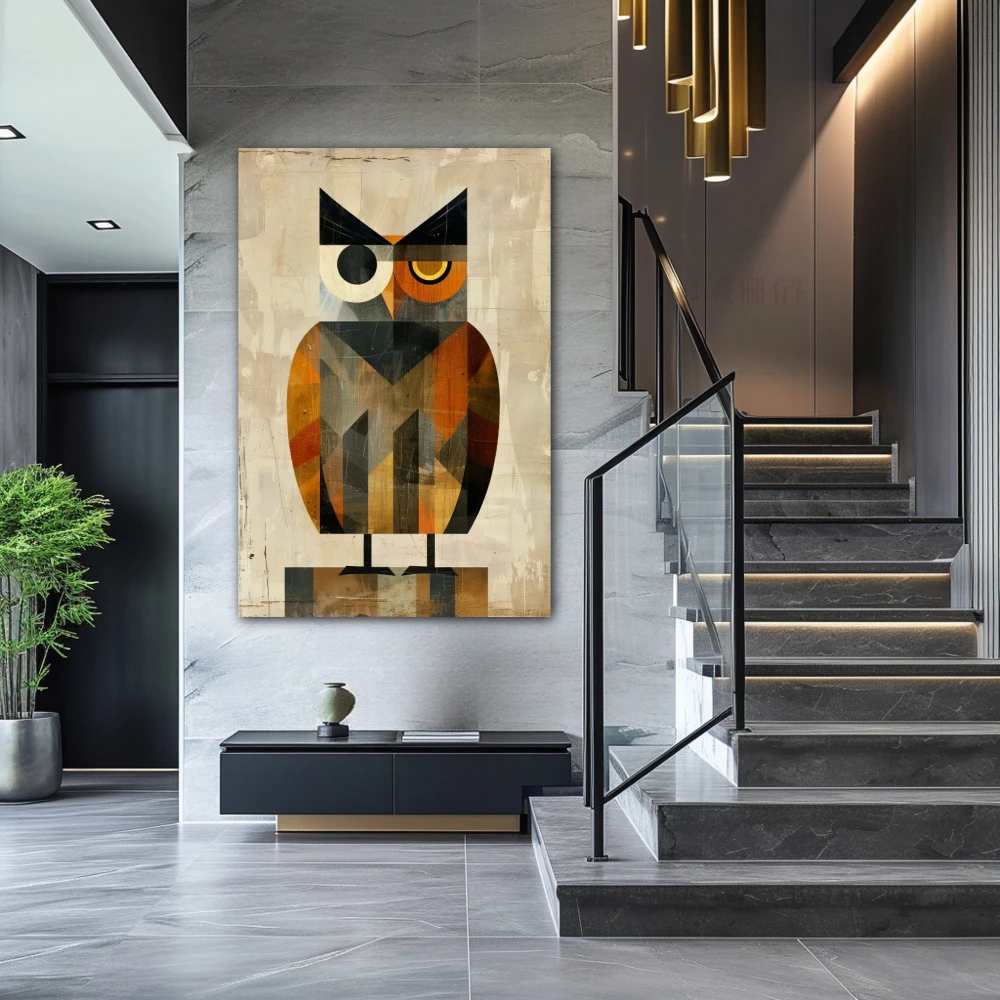 Wall Art titled: The Ebony Observer in a Vertical format with: Grey, and Orange Colors; Decoration the Staircase wall