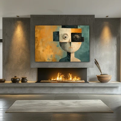 Wall Art titled: The Facets of Being in a Horizontal format with: Blue, Golden, Brown, and Black Colors; Decoration the Fireplace wall