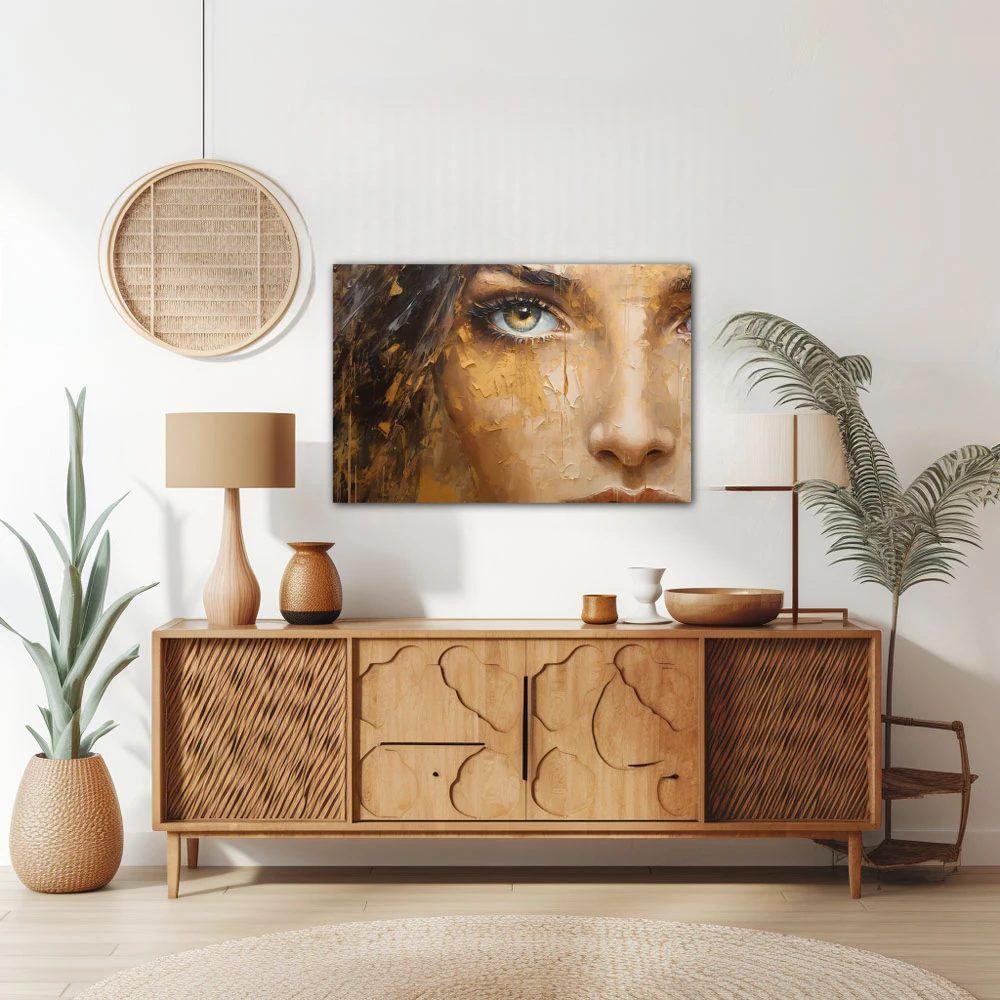 Wall Art titled: The Gaze in a Horizontal format with: Golden, and Brown Colors; Decoration the Sideboard wall