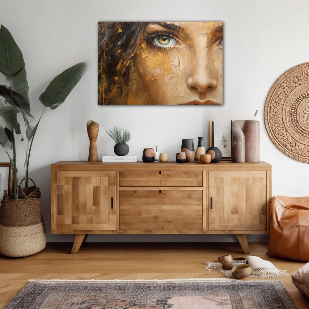 Wall Art titled: The Gaze in a Horizontal format with: Golden, and Brown Colors; Decoration the Sideboard wall