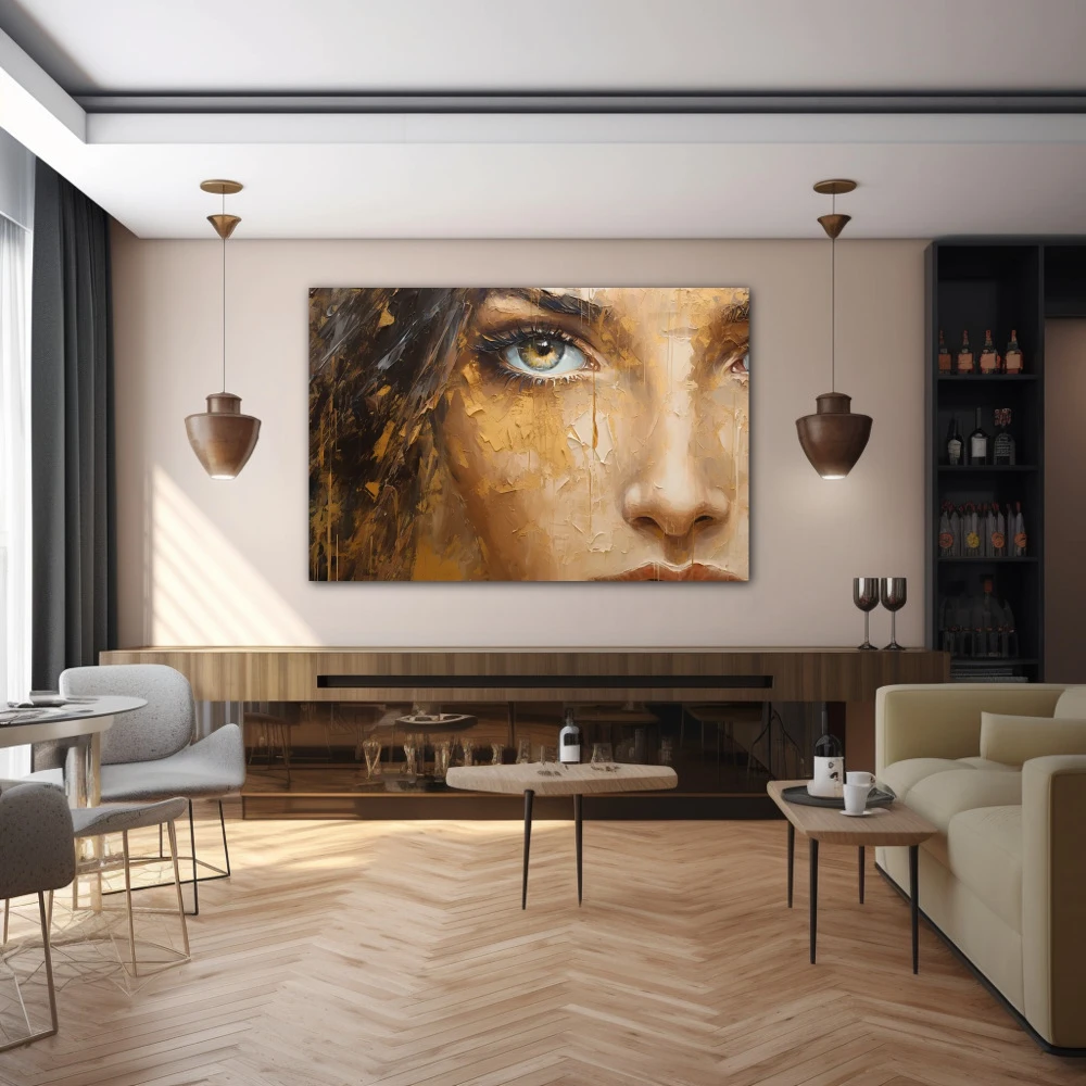 Wall Art titled: The Gaze in a Horizontal format with: Golden, and Brown Colors; Decoration the Bar wall