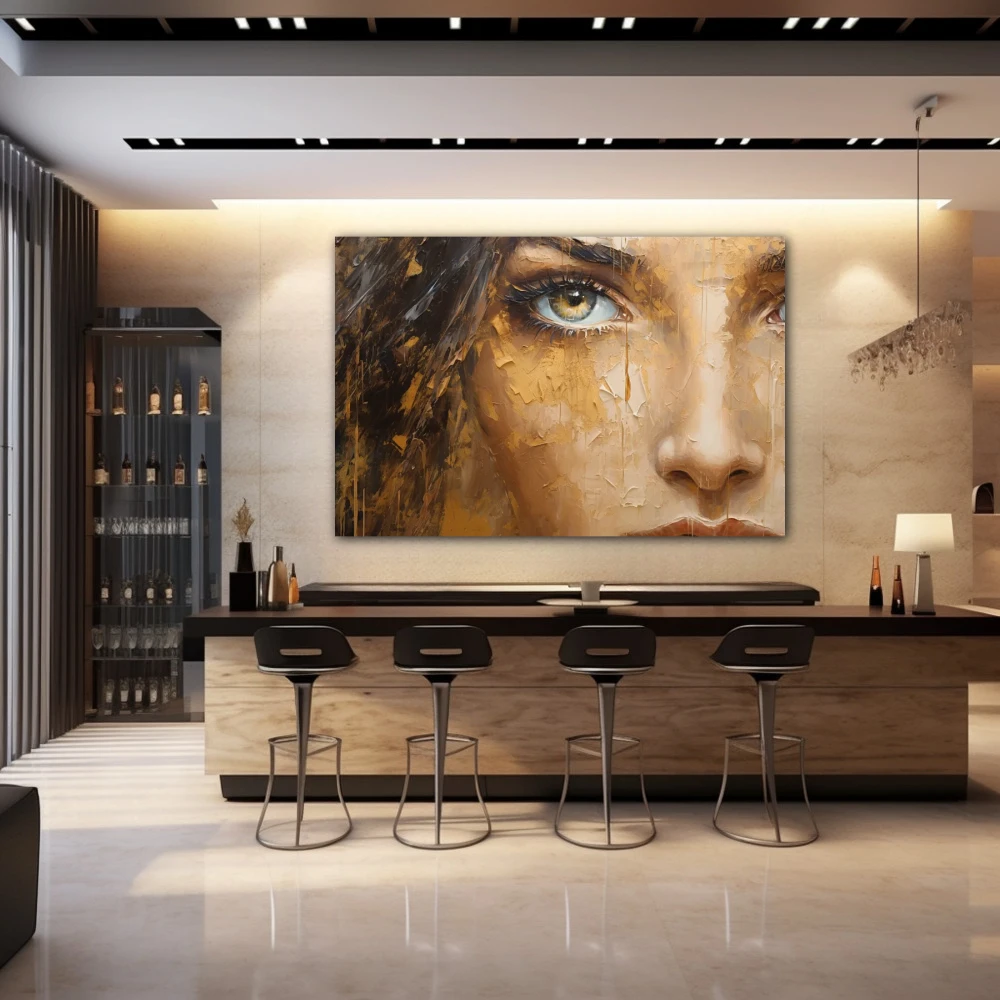 Wall Art titled: The Gaze in a Horizontal format with: Golden, and Brown Colors; Decoration the Bar wall