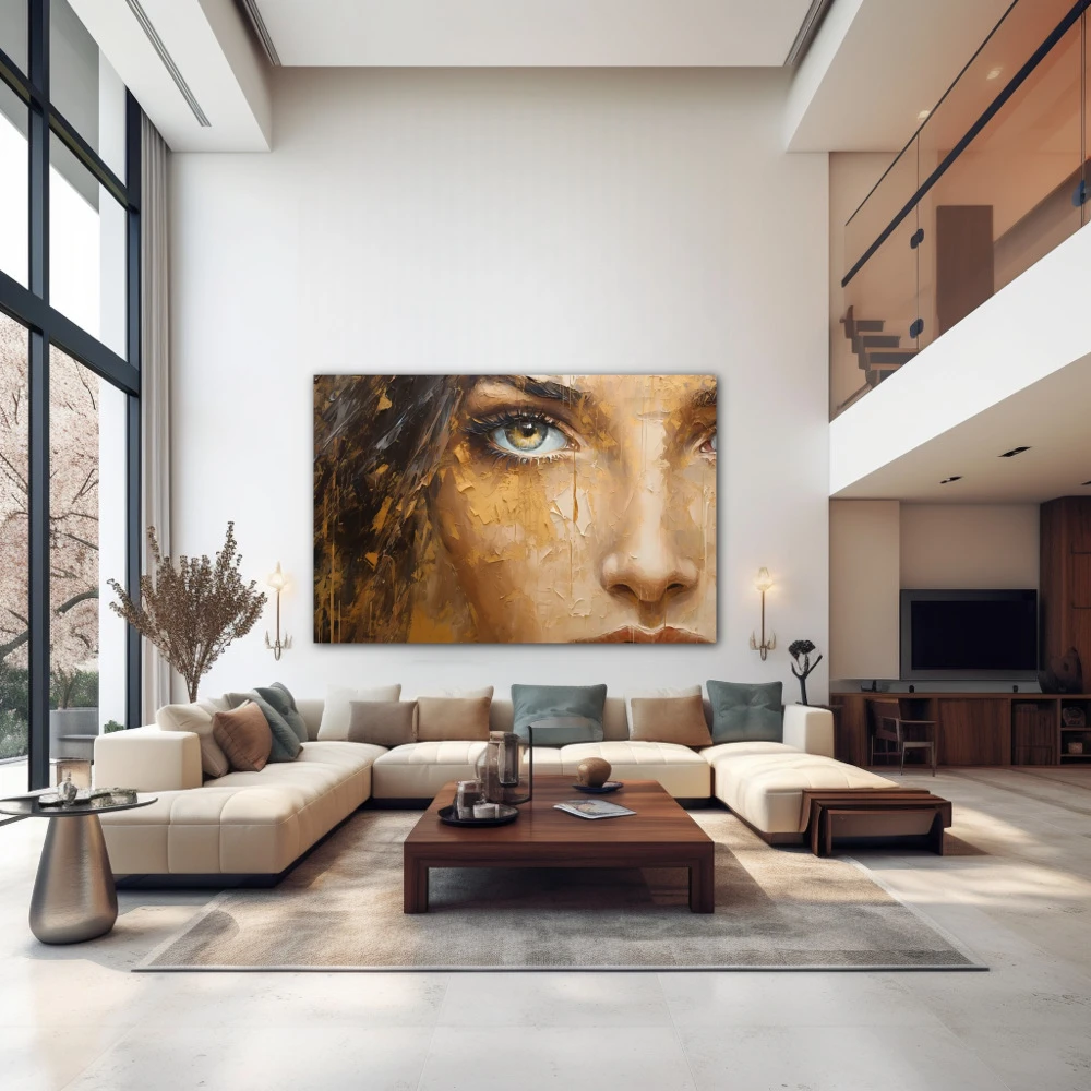 Wall Art titled: The Gaze in a Horizontal format with: Golden, and Brown Colors; Decoration the Above Couch wall