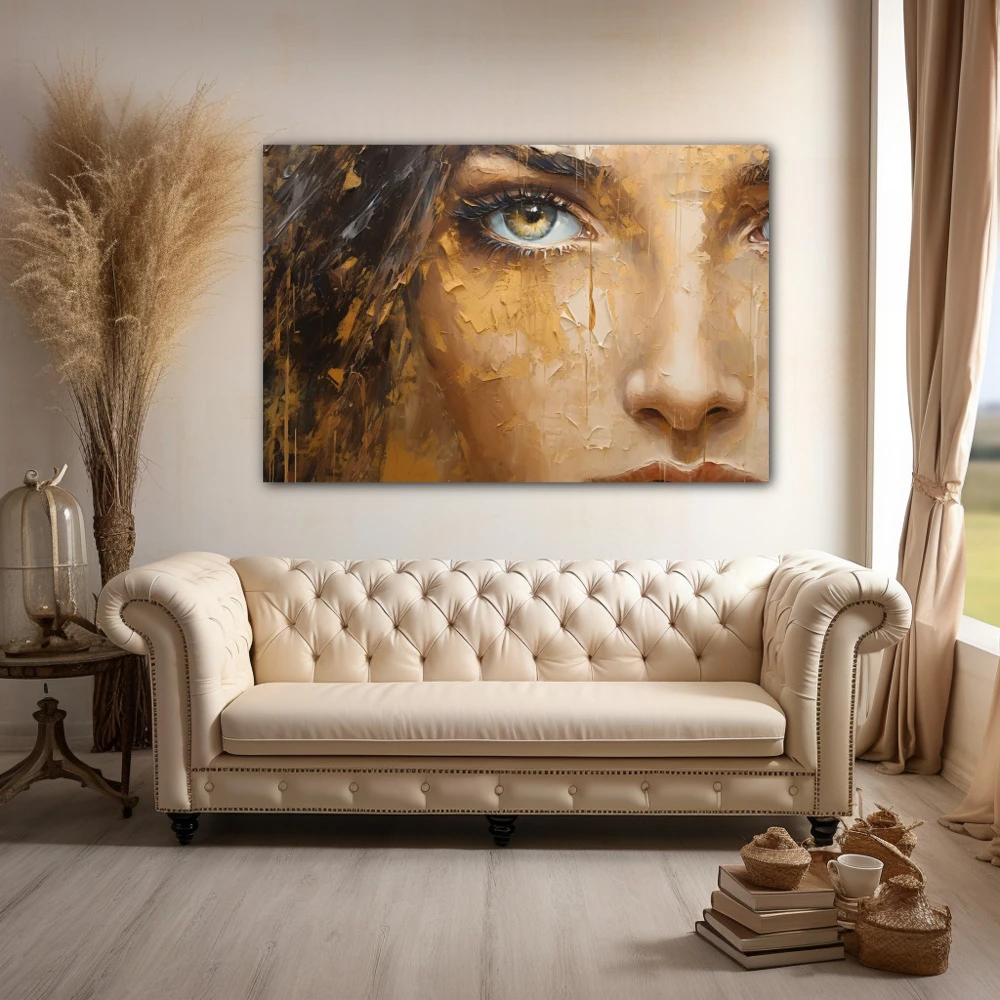 Wall Art titled: The Gaze in a Horizontal format with: Golden, and Brown Colors; Decoration the Above Couch wall