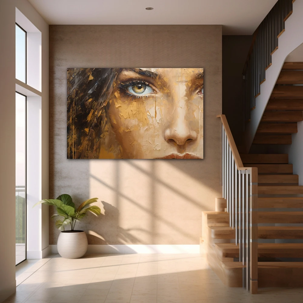 Wall Art titled: The Gaze in a Horizontal format with: Golden, and Brown Colors; Decoration the Staircase wall