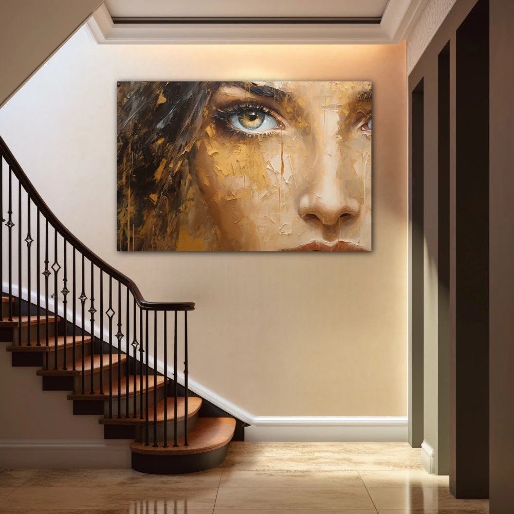 Wall Art titled: The Gaze in a Horizontal format with: Golden, and Brown Colors; Decoration the Staircase wall