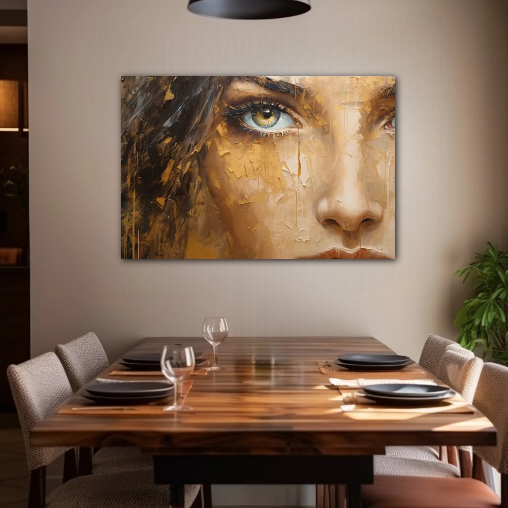 Wall Art titled: The Gaze in a Horizontal format with: Golden, and Brown Colors; Decoration the Living Room wall