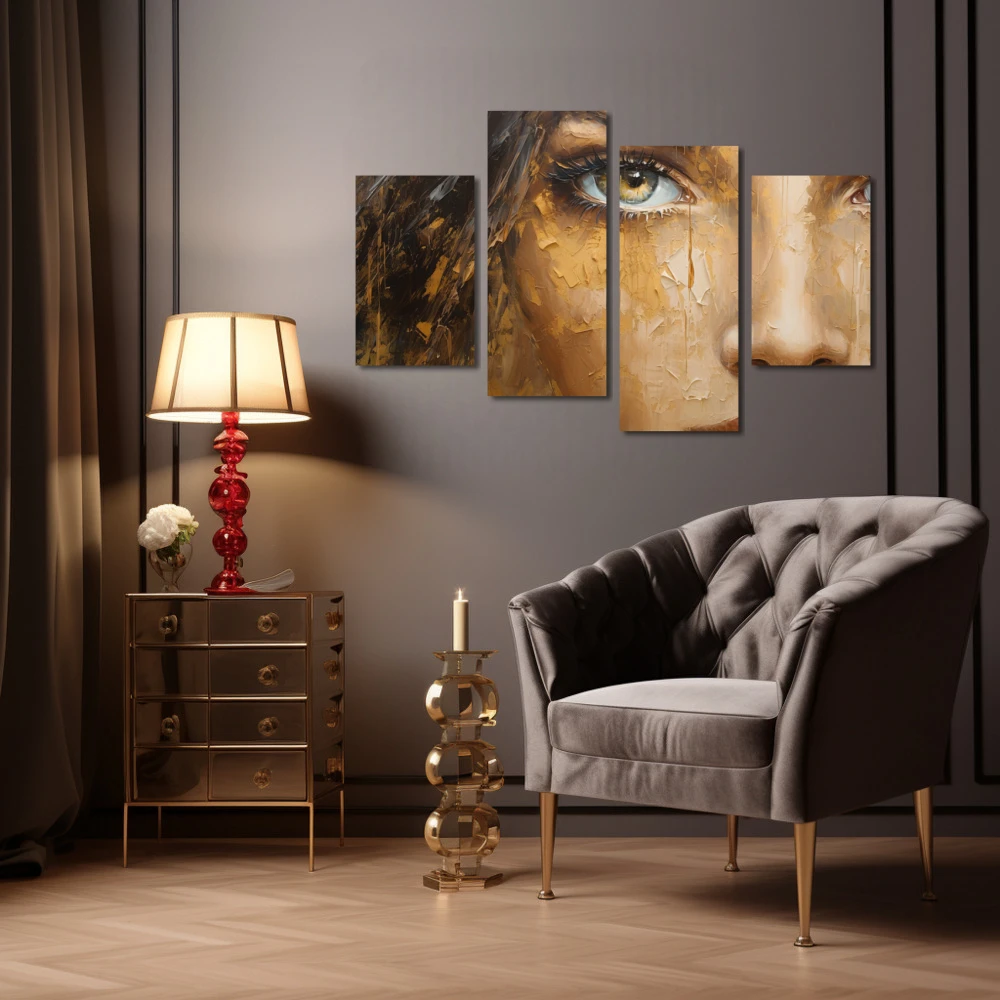 Wall Art titled: The Gaze in a Horizontal format with: Golden, and Brown Colors; Decoration the Living Room wall