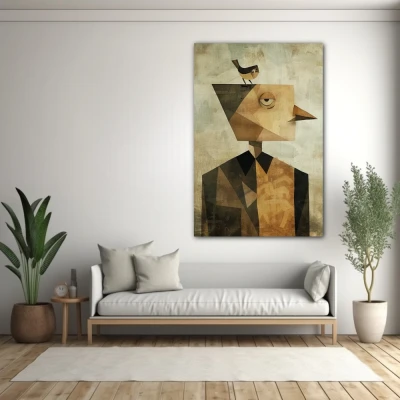 Wall Art titled: Homo avianus in a  format with: Brown, and Beige Colors; Decoration the White Wall wall