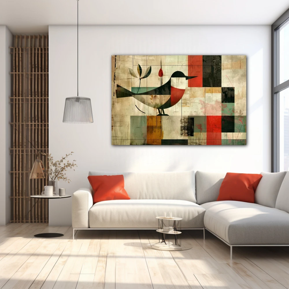 Cuadro patrones alados en formato horizontal con colores rojo, beige; decorando pared blanca