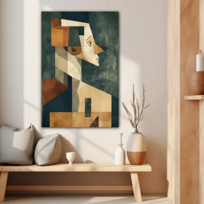 Cuadro Silueta Abstracta en formato vertical con colores Gris, Marrón, Beige; Decorando Pared beige