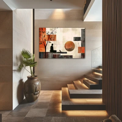 Wall Art titled: Interior Eclipse in a  format with: Grey, Brown, and Red Colors; Decoration the Staircase wall