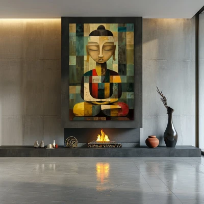 Wall Art titled: Zen Geometry in a  format with: Grey, and Mustard Colors; Decoration the Fireplace wall