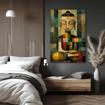 Wall Art titled: Zen Geometry in a  format with: Grey, and Mustard Colors; Decoration the Bedroom wall