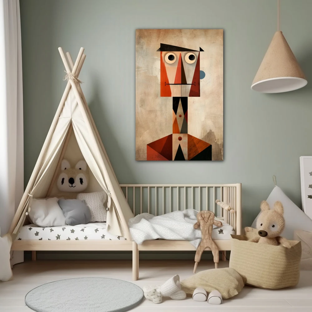 Cuadro lucas smile en formato vertical con colores naranja, beige; decorando pared de dormitorio bebe