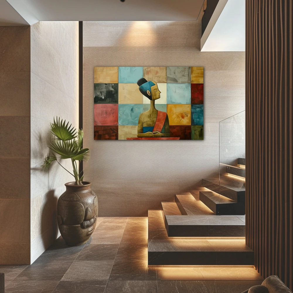 Wall Art titled: Fragmented Serenity in a Horizontal format with: Blue, Sky blue, Brown, and Pink Colors; Decoration the Staircase wall