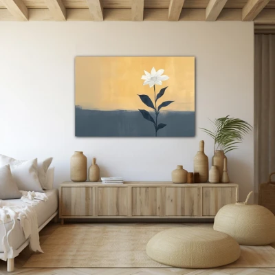 Cuadro rising strong en formato horizontal con colores gris, pastel; decorando pared beige