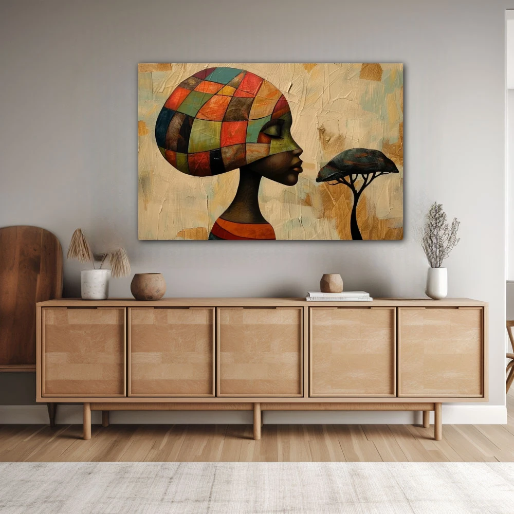 Wall Art titled: Dreams of Ancestral Geometry in a Horizontal format with: Brown, Orange, and Beige Colors; Decoration the Sideboard wall