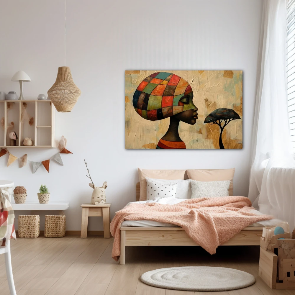 Wall Art titled: Dreams of Ancestral Geometry in a Horizontal format with: Brown, Orange, and Beige Colors; Decoration the Nursery wall