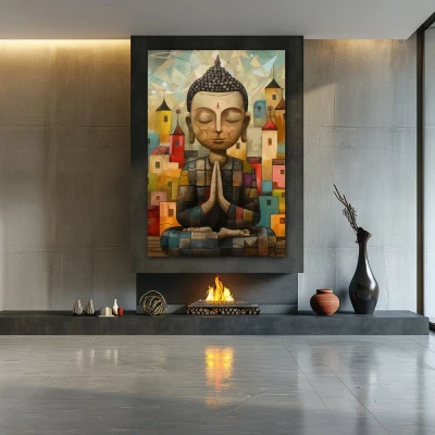 Wall Art titled: Harmony in the Chaos in a  format with: Yellow, and Blue Colors; Decoration the Fireplace wall