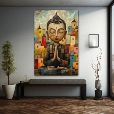 Wall Art titled: Harmony in the Chaos in a  format with: Yellow, and Blue Colors; Decoration the Grey Walls wall