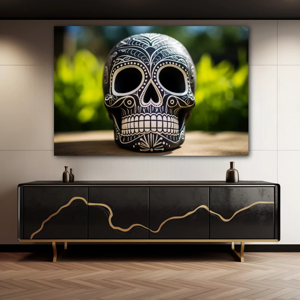 Cuadro calavera con esgrafiado en formato horizontal con colores blanco, negro, verde; decorando pared de aparador