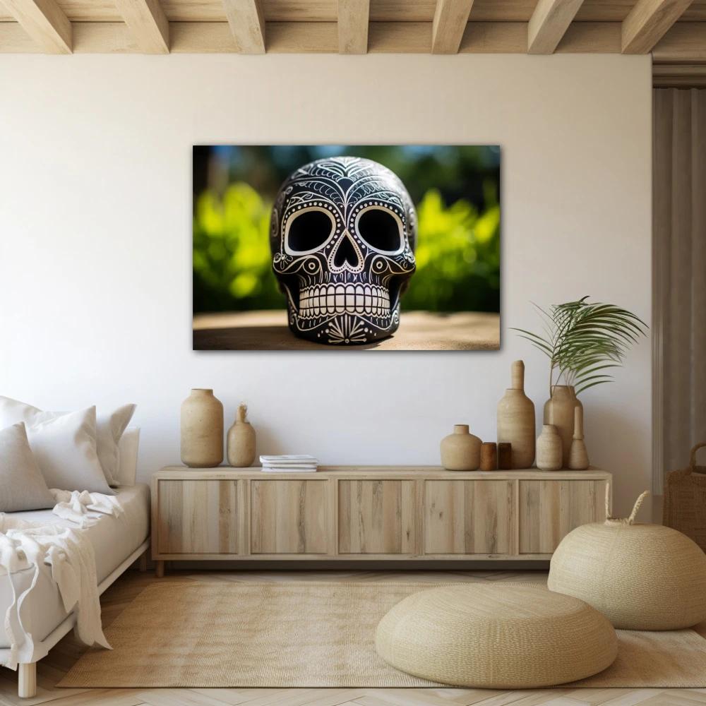 Cuadro calavera con esgrafiado en formato horizontal con colores blanco, negro, verde; decorando pared beige