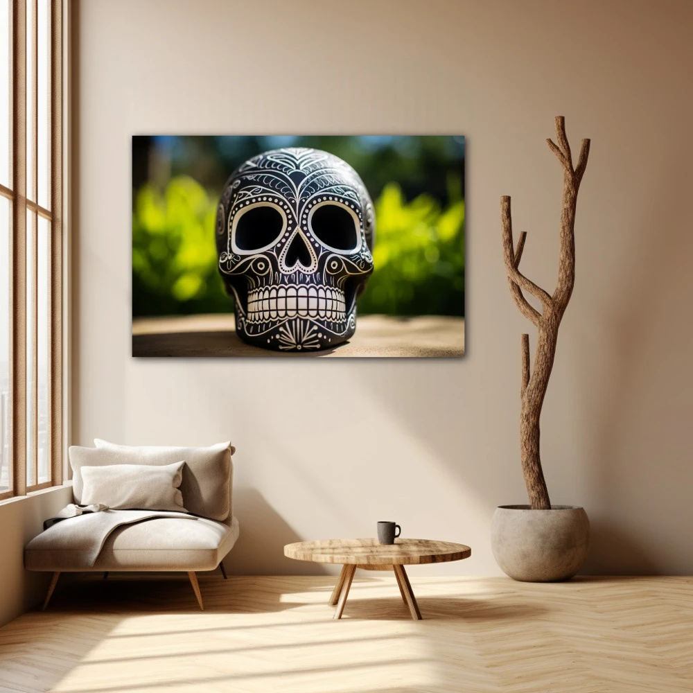 Cuadro calavera con esgrafiado en formato horizontal con colores blanco, negro, verde; decorando pared beige