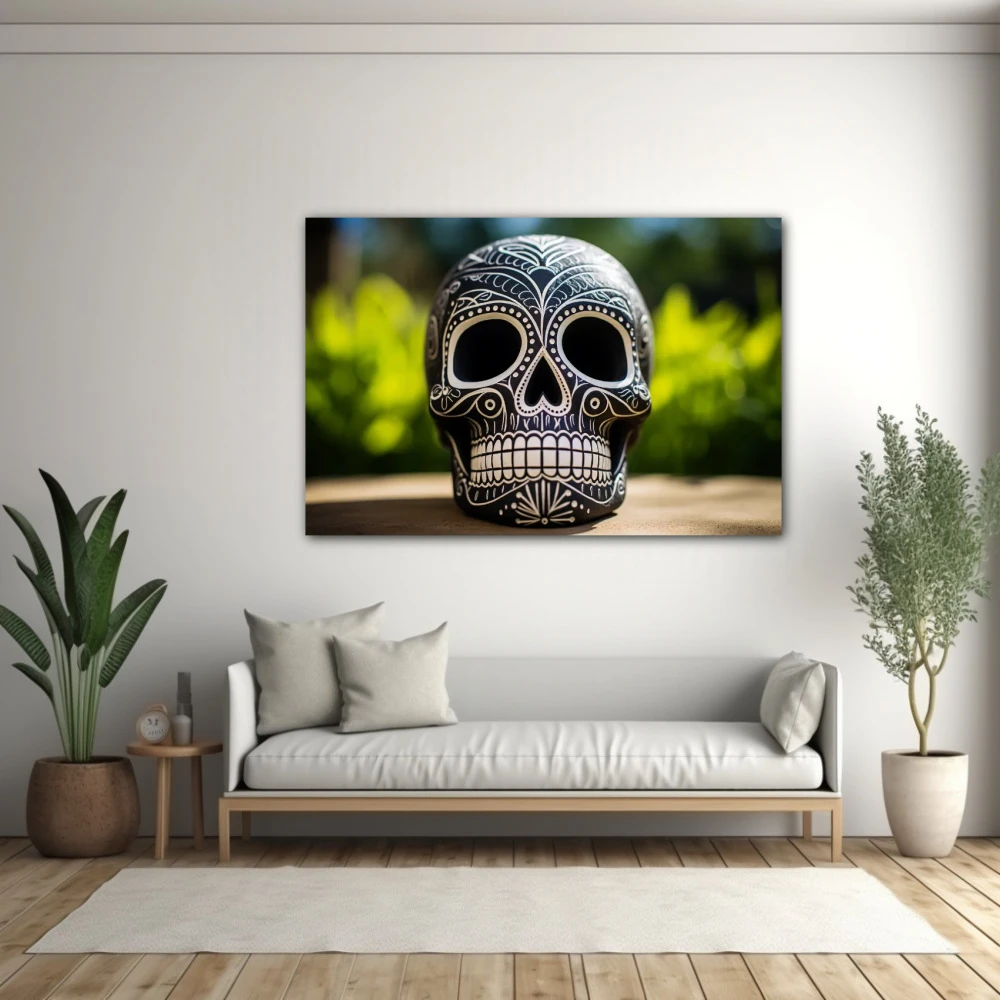 Cuadro calavera con esgrafiado en formato horizontal con colores blanco, negro, verde; decorando pared blanca