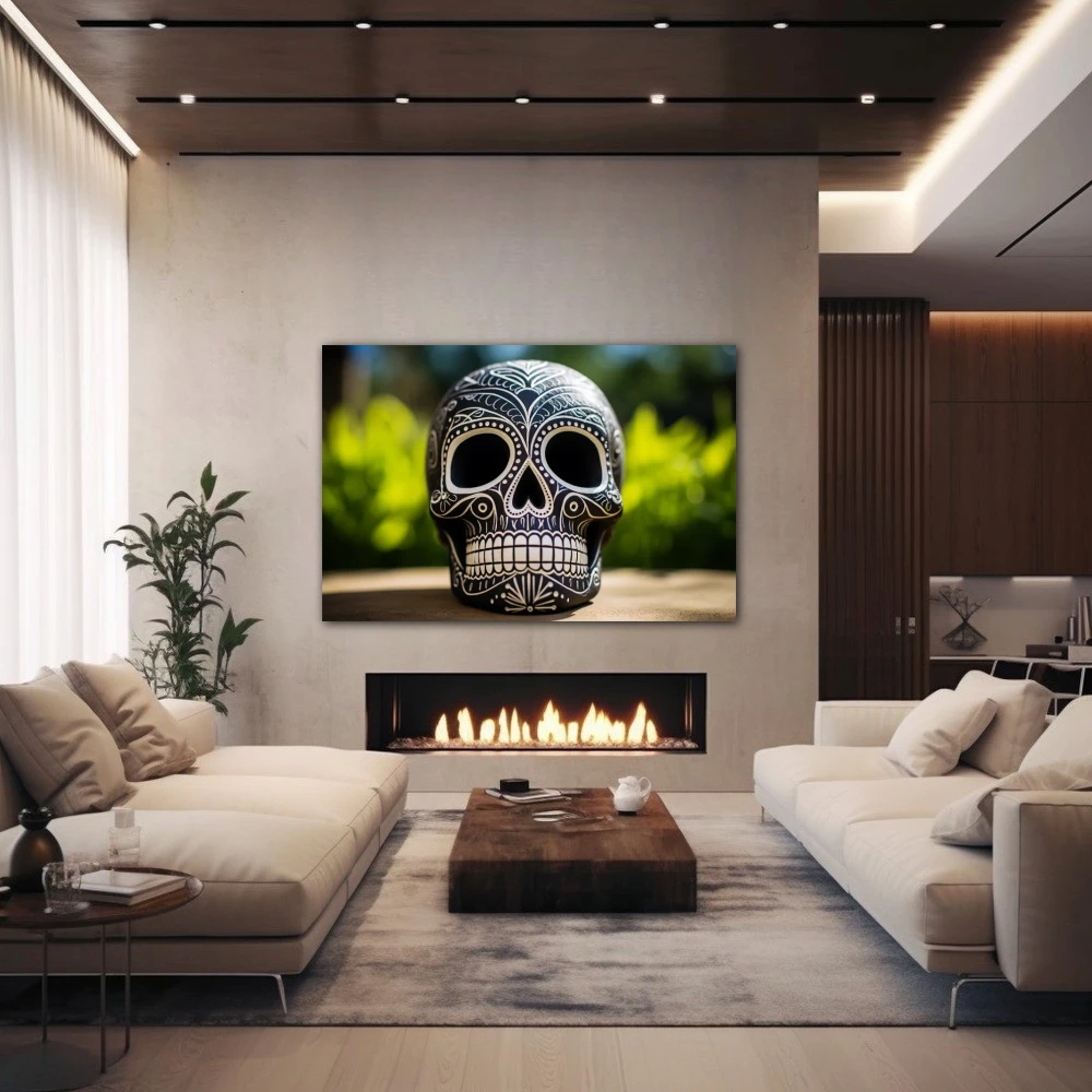 Cuadro calavera con esgrafiado en formato horizontal con colores blanco, negro, verde; decorando pared de chimenea