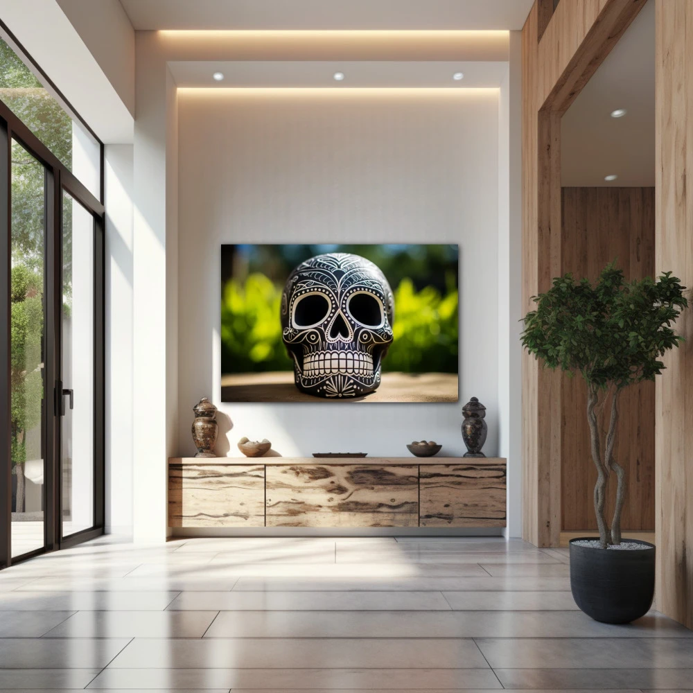 Cuadro calavera con esgrafiado en formato horizontal con colores blanco, negro, verde; decorando pared de entrada y recibidor