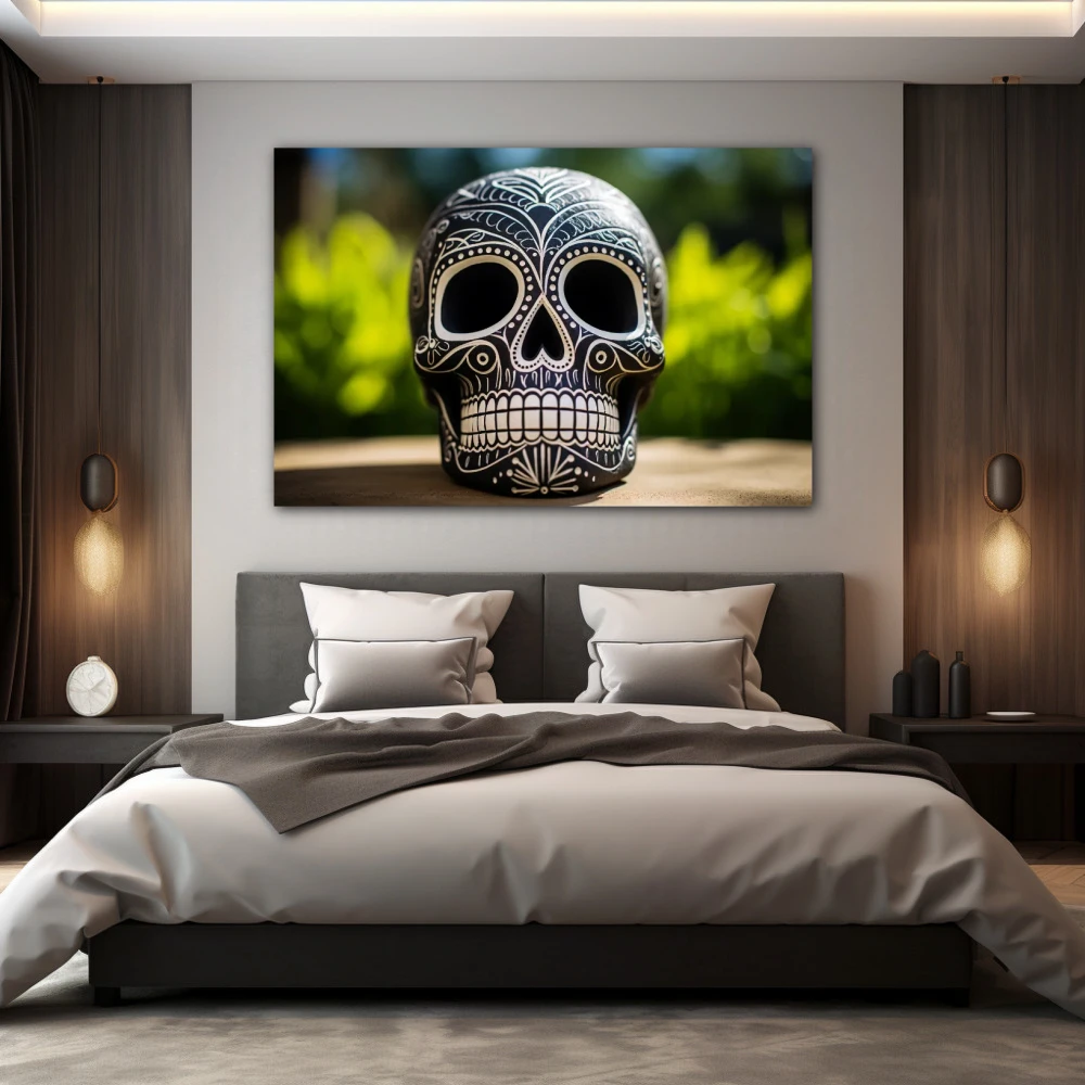 Cuadro calavera con esgrafiado en formato horizontal con colores blanco, negro, verde; decorando pared de habitación dormitorio