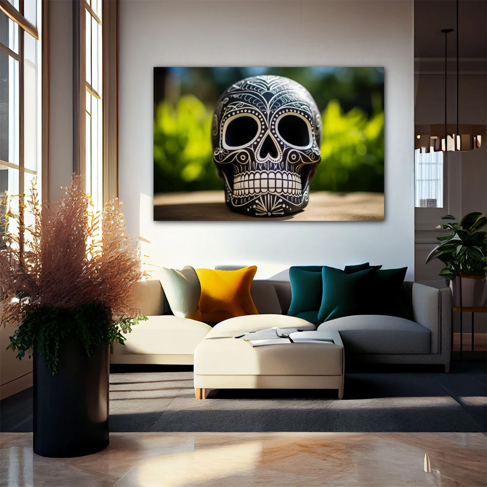 Cuadro calavera con esgrafiado en formato horizontal con colores blanco, negro, verde; decorando pared de salón comedor