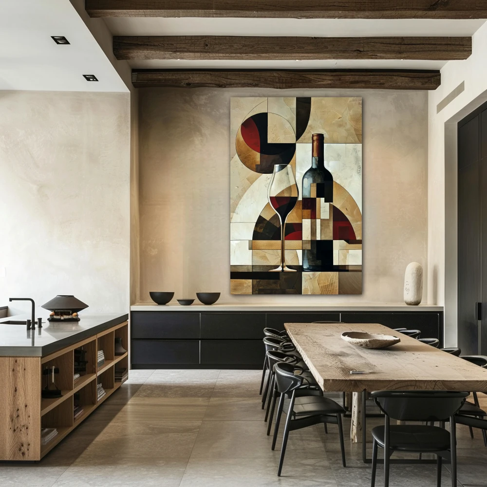 Wall Art titled: Oenophile's Abstract Dream in a Vertical format with: Brown, Red, and Beige Colors; Decoration the Kitchen wall