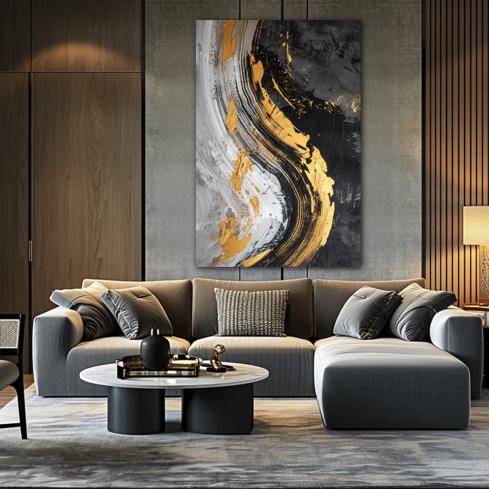 Wall Art titled: Golden Magma in a Vertical format with: Golden, Grey, and Black Colors; Decoration the Above Couch wall