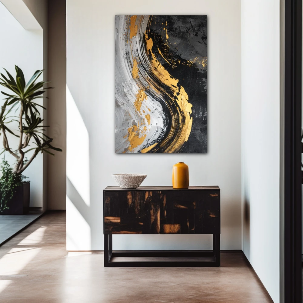 Wall Art titled: Golden Magma in a Vertical format with: Golden, Grey, and Black Colors; Decoration the Entryway wall