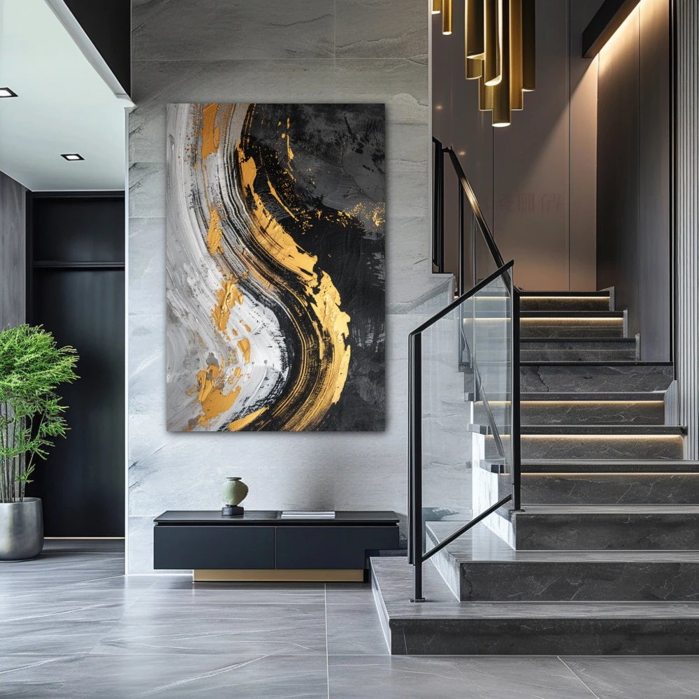 Wall Art titled: Golden Magma in a Vertical format with: Golden, Grey, and Black Colors; Decoration the Staircase wall